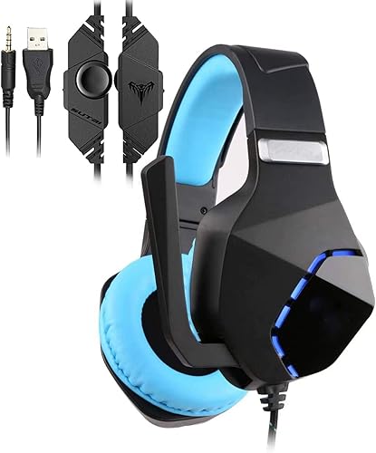 CAMKONG - Auriculares de diadema para juegos con micrófono para PS4 Xbox One PC cómodos estéreos iluminación LED reducción de ruido y control de