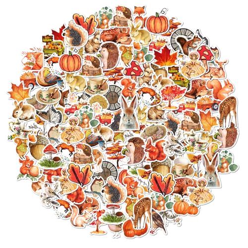 Fall Thanksgiving Stickers 100 PCS Autumn Stickers Cute Cartoon Maple Leaf Pumpkin Sticker Bulk Vinyl Harvest Party Favorites Sticker Decals for Water Bottle Envelopes Laptop Scrapbooking