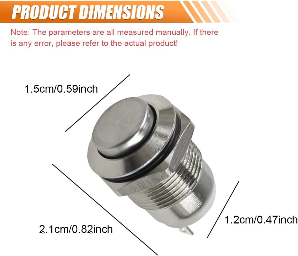 YoRise 10PCS 12mm Momentary Push Button Switch, Waterproof 1A 1.5V-250V Power Switch, 1/2" Mounting Hole Nickel-Plated Copper Momentary Switch with 1NO Round High Head Button (Silver)
