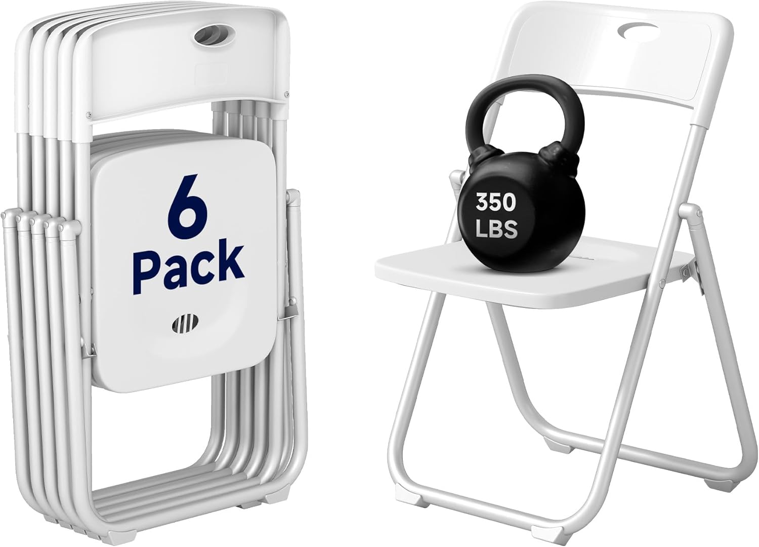 6 Pack White Plastic Folding Chairs, Lightweight Foldable Chair with 350lbs Capacity, Portable Seat with Sturdy Steel Frame for Indoor & Outdoor Use