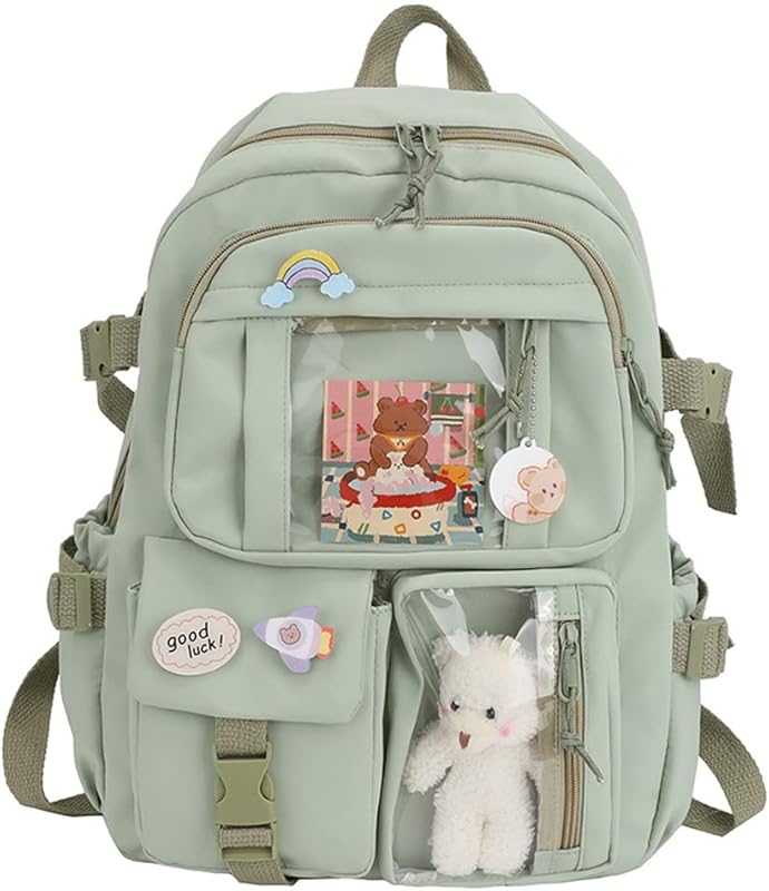 Mochila Kawaii com broche Kawaii e acessórios, pingente de pelúcia, mochila escolar Kawaii, linda mochila estética para meninas adolescentes em oferta na Shopee