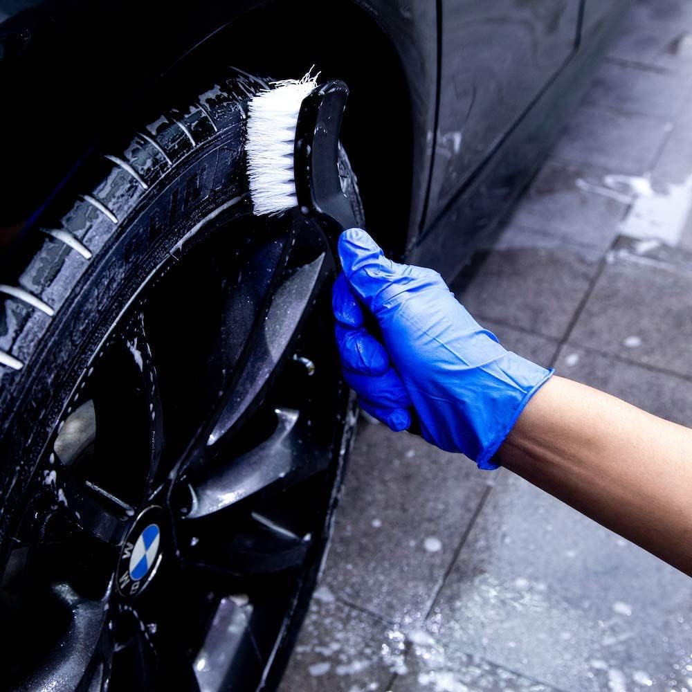 8.5” Nylon Tire Brush, Stiff Bristle Wheel Cleaning Tool, Car Floormat Scrub Brushes, Long Handled Detail Brush for Auto Detailing, Heavy Duty Nifty Interior Carpet (White)