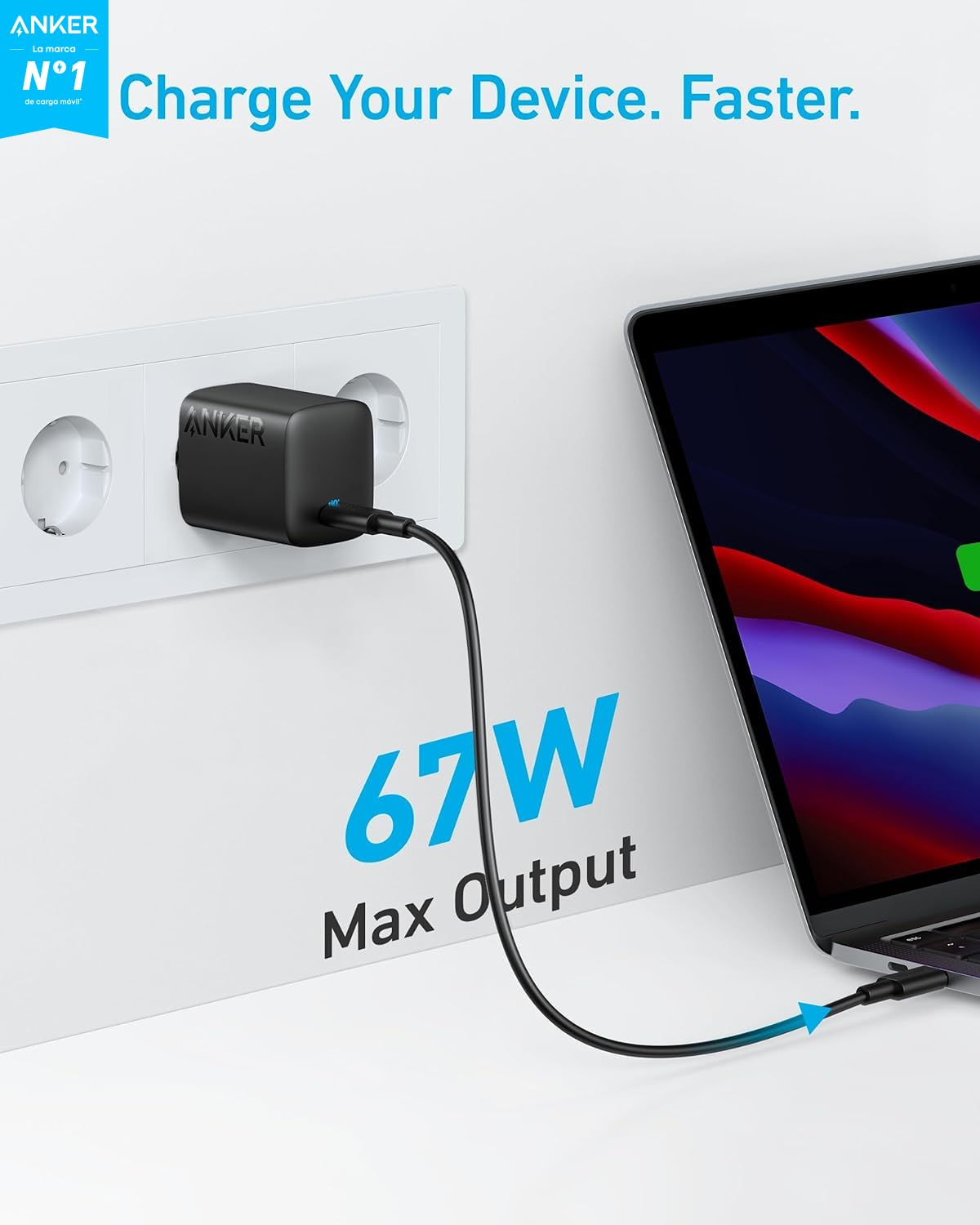 Anker 315 Cargador USB C de 67 W, Fuente de alimentación compacta de Alto Rendimiento con PIQ 3.0, para MacBook Pro/Air, iPhone 16/16 Plus/16 Pro/16 Pro MAX/15/14, iPad, Galaxy, Pixel, AirPods y más