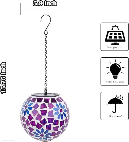 Miniatura 2 de Faroles solares para exteriores colgantes decorativos, bola de mirada solar, luces de mosaico al aire libre con luces LED colgantes, luces de bola