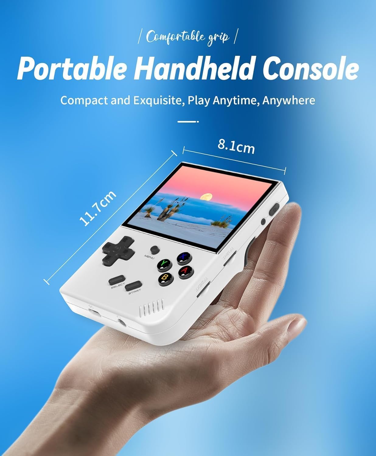 A hand holding the RG35XX Plus console, showing its compact dimensions of 11.7cm height and 8.1cm width.