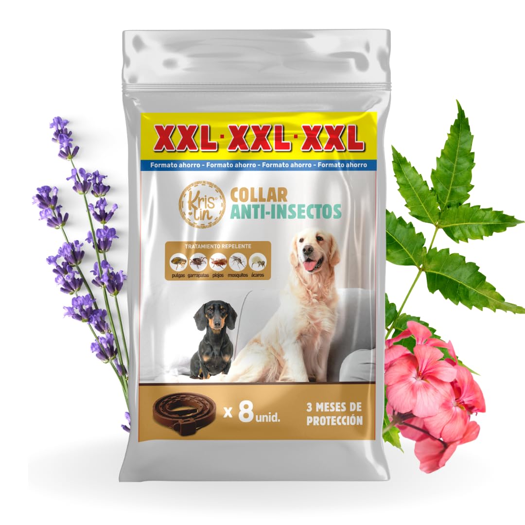 Pack de 8 Collares antiparasitarios para Perros con Margosa, geraniol y lavandino | Protección contra garapatas, Moscas, Mosquitos y flebótomos | Cítrico | Marrón | 57 cm
