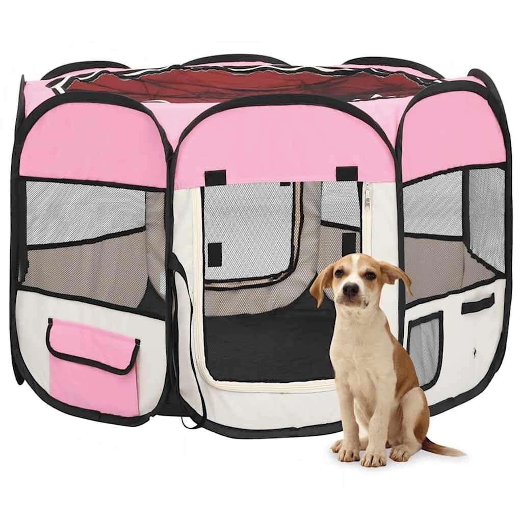 Parque plegable para cachorros de acero y poliéster, color rosa, 90 x 90 x 58 cm, con bolsa de transporte, plegable y portátil, para interior, exterior, jardín, camping, protección y seguridad