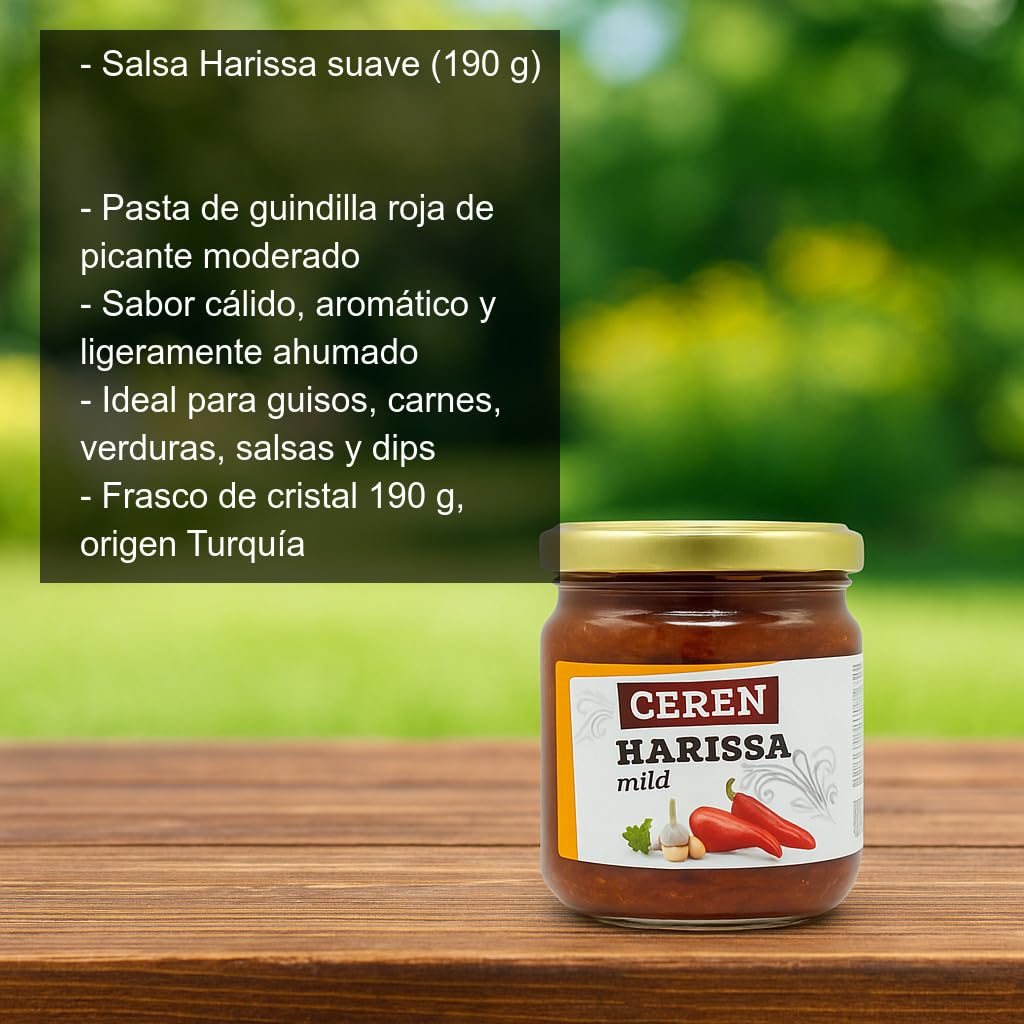Salsa Harissa Suave 190 g Pasta de Guindilla Roja Picante Moderado en Tarro de Cristal