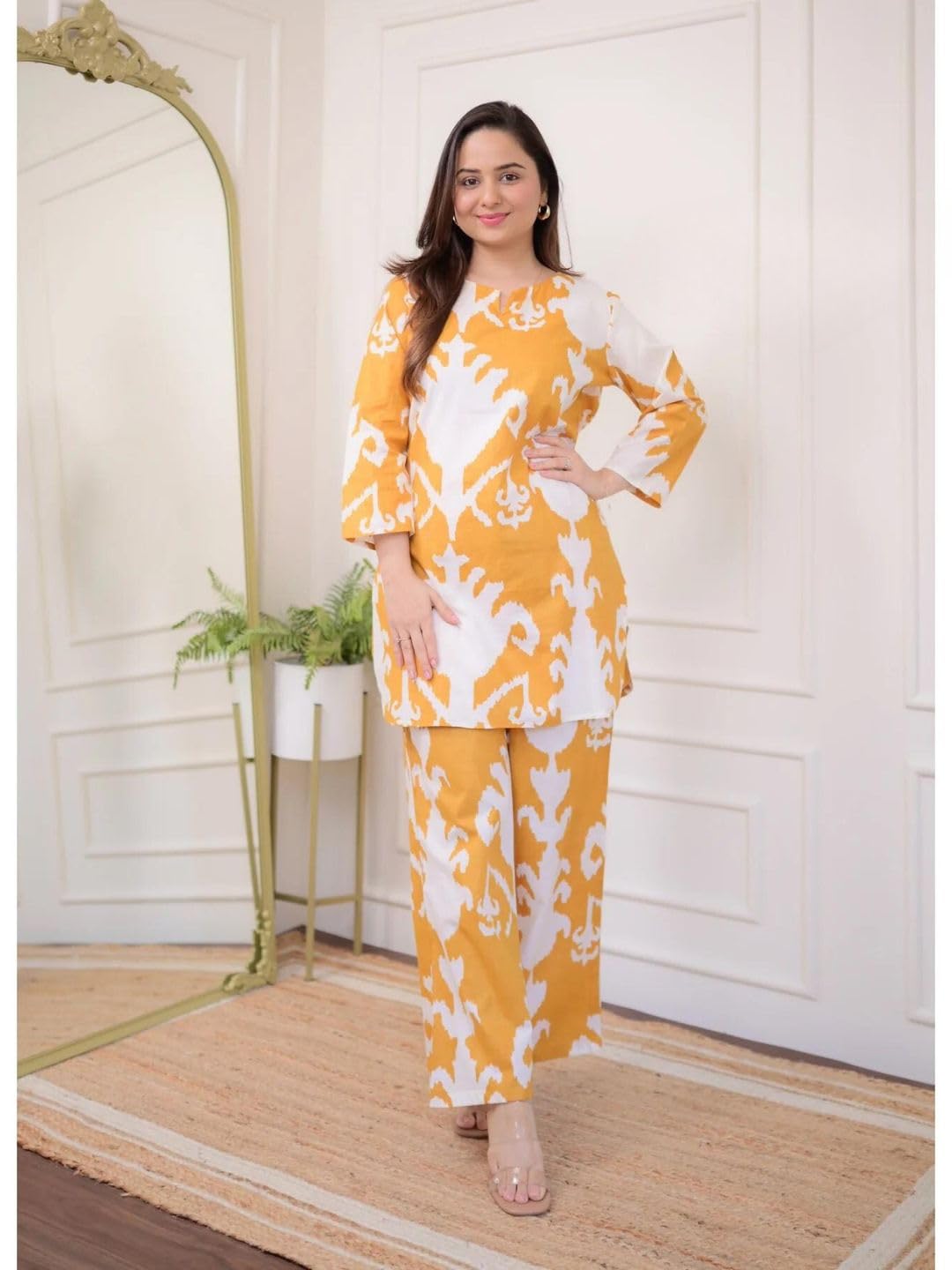 Rytras Women's Cotton Printed Straight Kurta With Pant Set(Ryt573,Yellow,Xl)