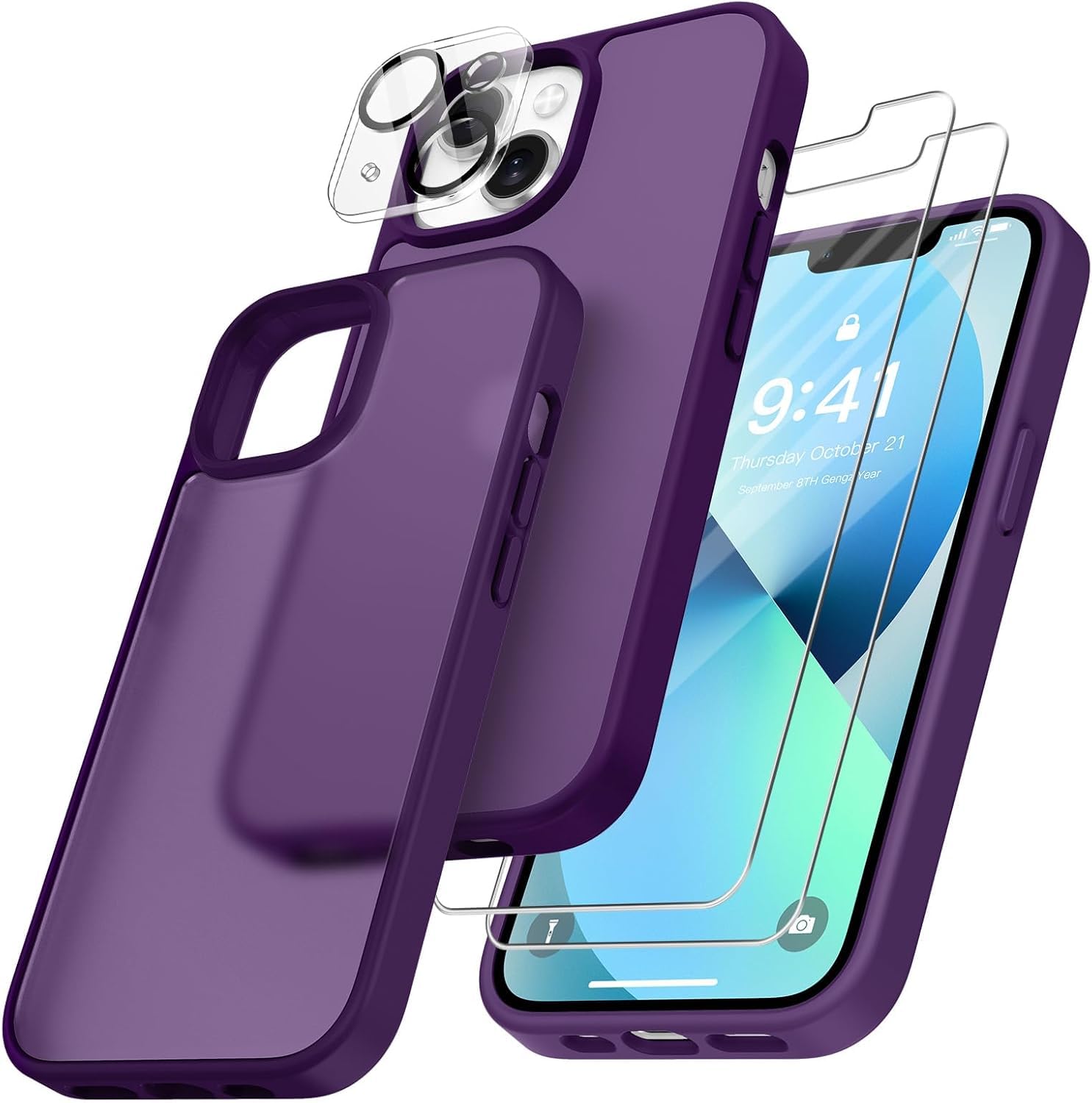 FLLAO 4 in 1 Cover per iPhone 13 Custodia con 2 Pellicola Vetro Temperato e 1 Fotocamera Protettiva, [Cuscino d'aria integrato] Morbido TPU Bumper Protection Cover iPhone 13, Viola Scuro