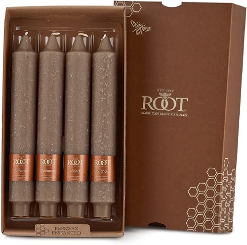 Root Candles Juego de 4 velas sin perfume para cena, sin goteo, con cera de abeja mejorada, Timberline Collenette, en caja, 9 pulgadas, Portobello