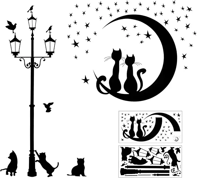 2 autocollants muraux noirs chats étoile lampadaire - Stickers chat décoratifs