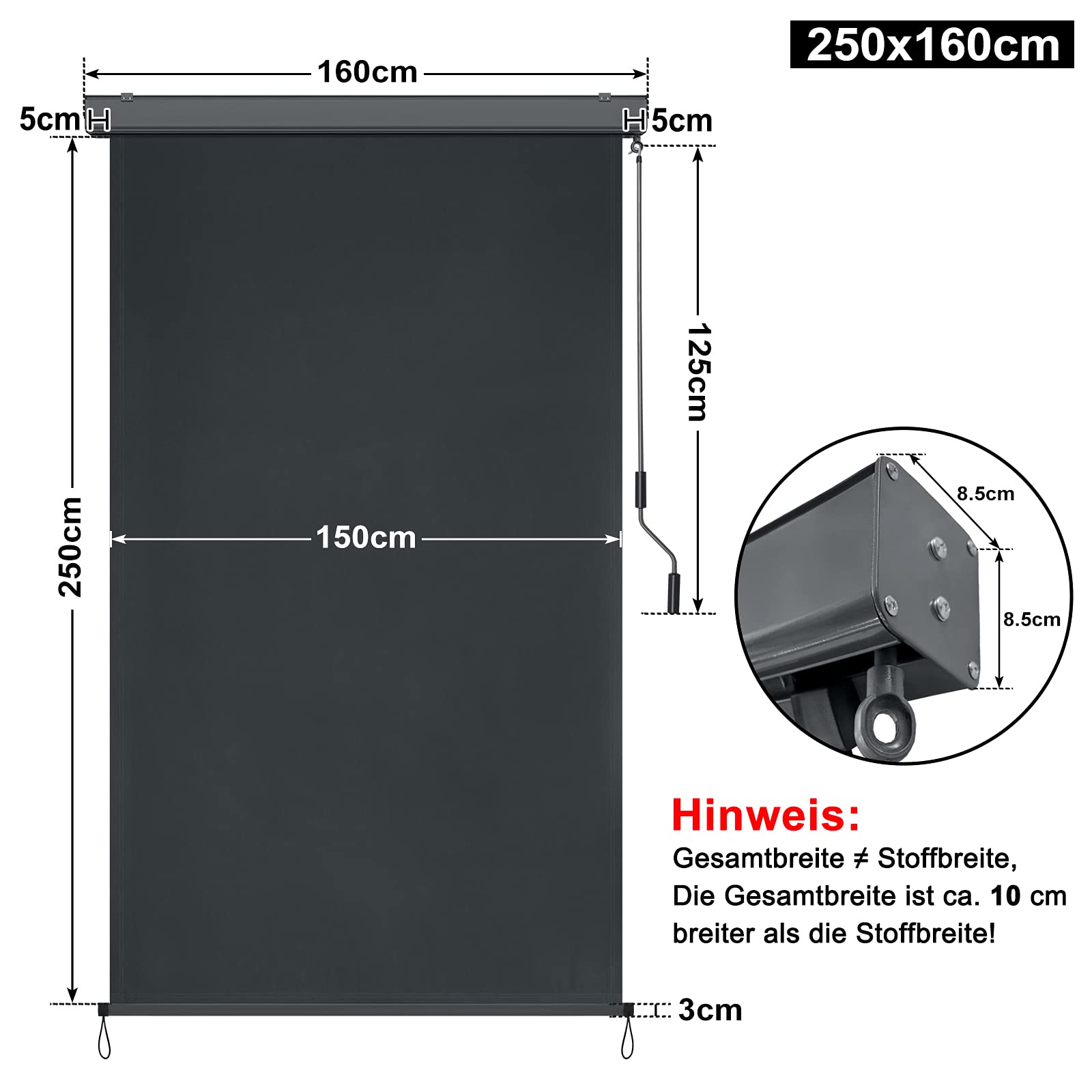HENGMEI Markiza pionowa, balkonowa, aluminiowa markiza balkonowa, markiza pionowa, 160 x 250 cm, roleta zewnętrzna, mechanizm korbowy, roleta boczna, ochrona przed wzrokiem na balkon, taras, ochrona przed słońcem i spojrzeniami, antracytowa