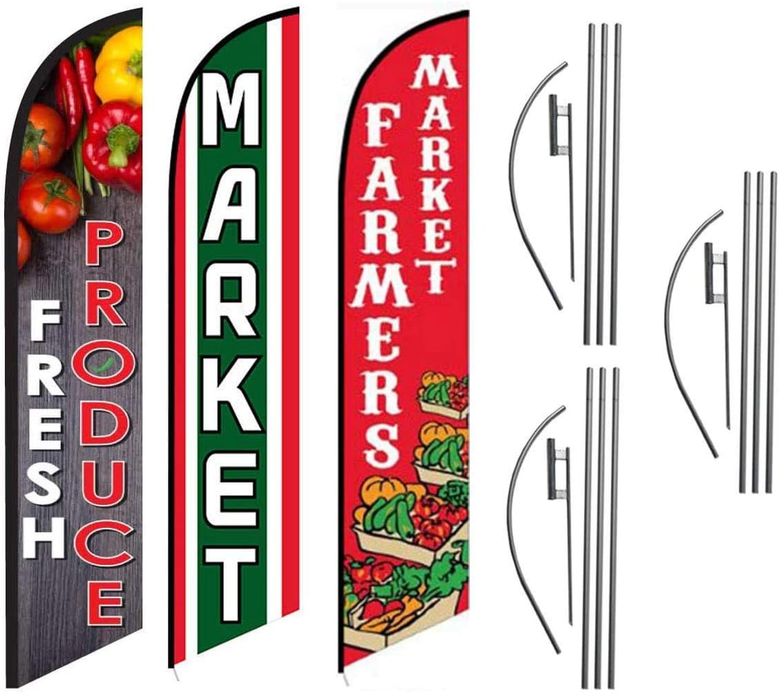 Fresh Produce Market Farmers Market Restaurant Advertising Feather Flag Kits Package, Includes 3 Banner Flags, 3 Flag Poles, and 3 Ground Stakes