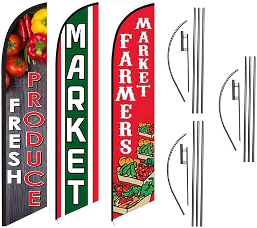 Paquete de kits de banderas de plumas publicitarias para restaurantes de mercado de productos frescos, incluye 3 banderas de pancarta, 3 postes de