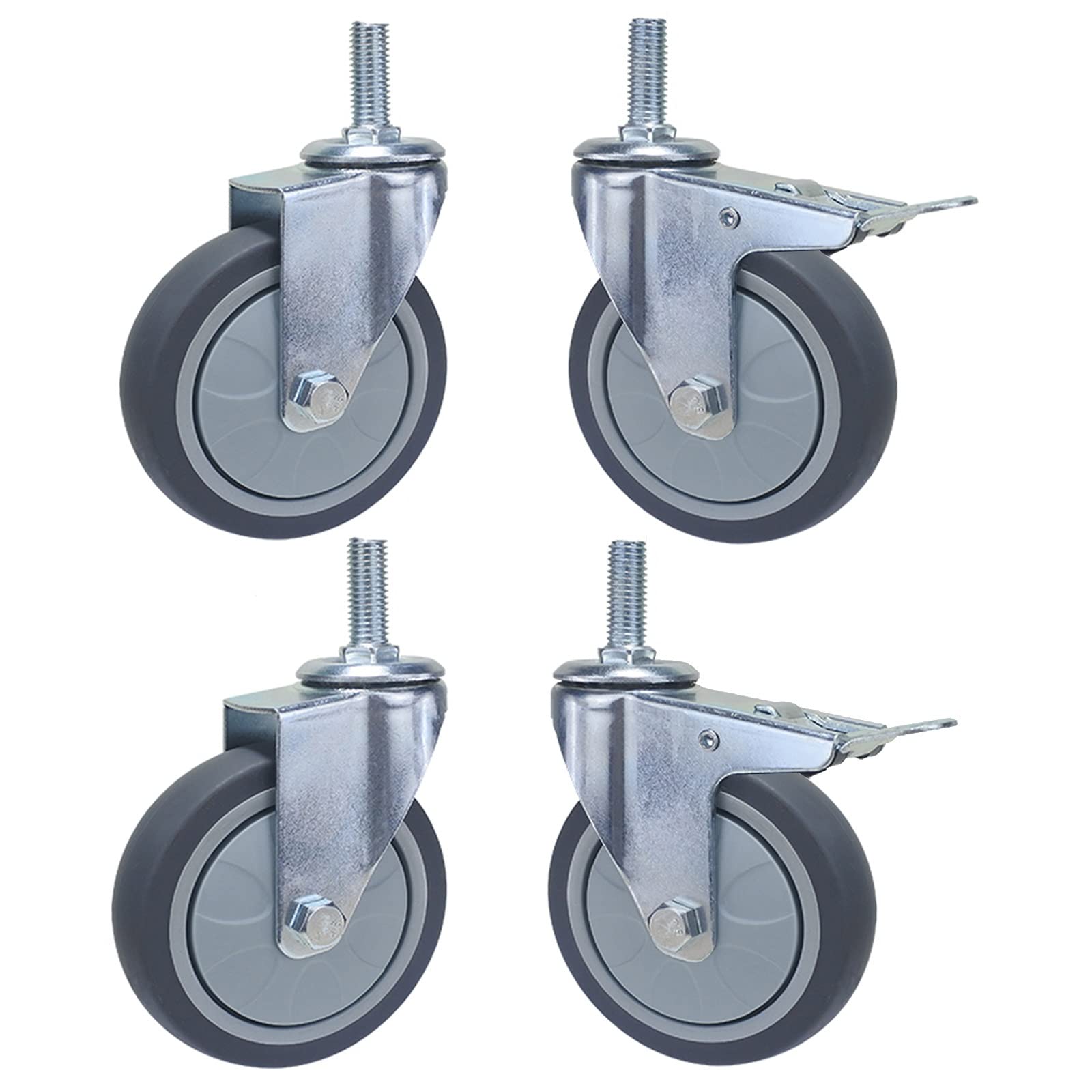 GBRJUYF 100mm 75mm Caster Wheels with Thread - Set of 4 M12×30mm Furniture Casters for Kitchen Carts - 2 with Brakes, 2 without - Replacement Rubber Wheels for Industrial/Commercial Use in Restauran