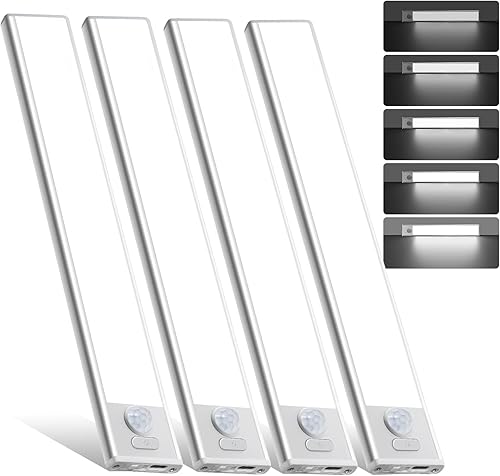Iluminación para debajo del gabinete, paquete de 4 luces con sensor de movimiento para interiores, luces magnéticas inalámbricas recargables por Luz