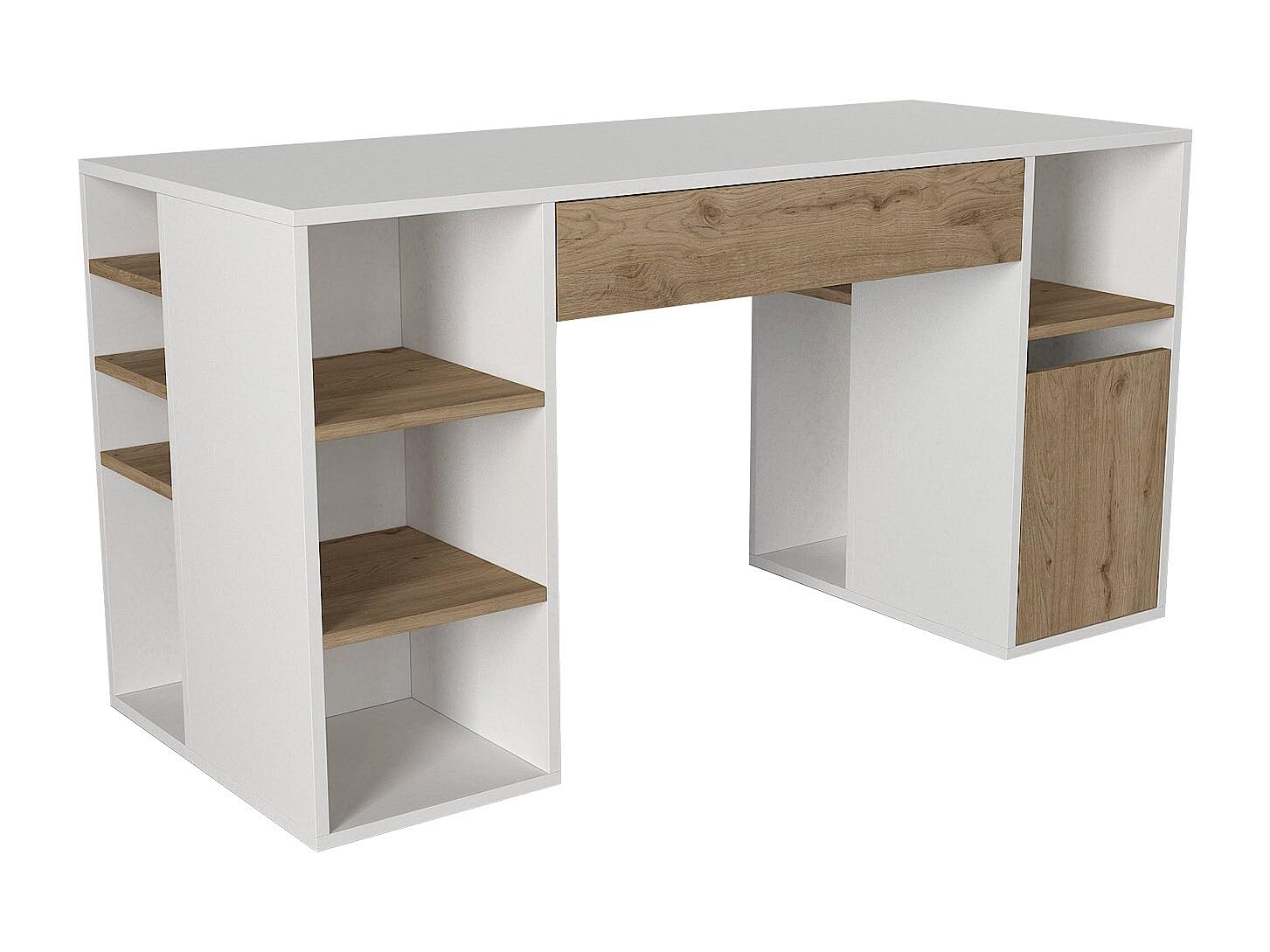 Vente-unique - Bureau avec rangements - Blanc et Naturel - MELAVA