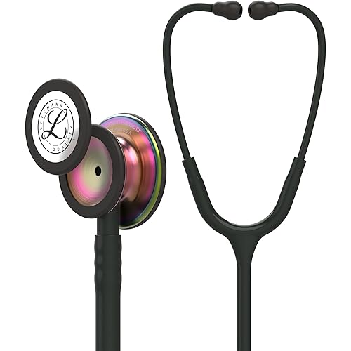 3M Littmann Classic III Monitoring Stethoscope, 5870, More Than 2X as Loud, Weighs Less, Stainless Steel Rainbow-Finish Chestpiece, 27" Black Tube, Stem and Headset
