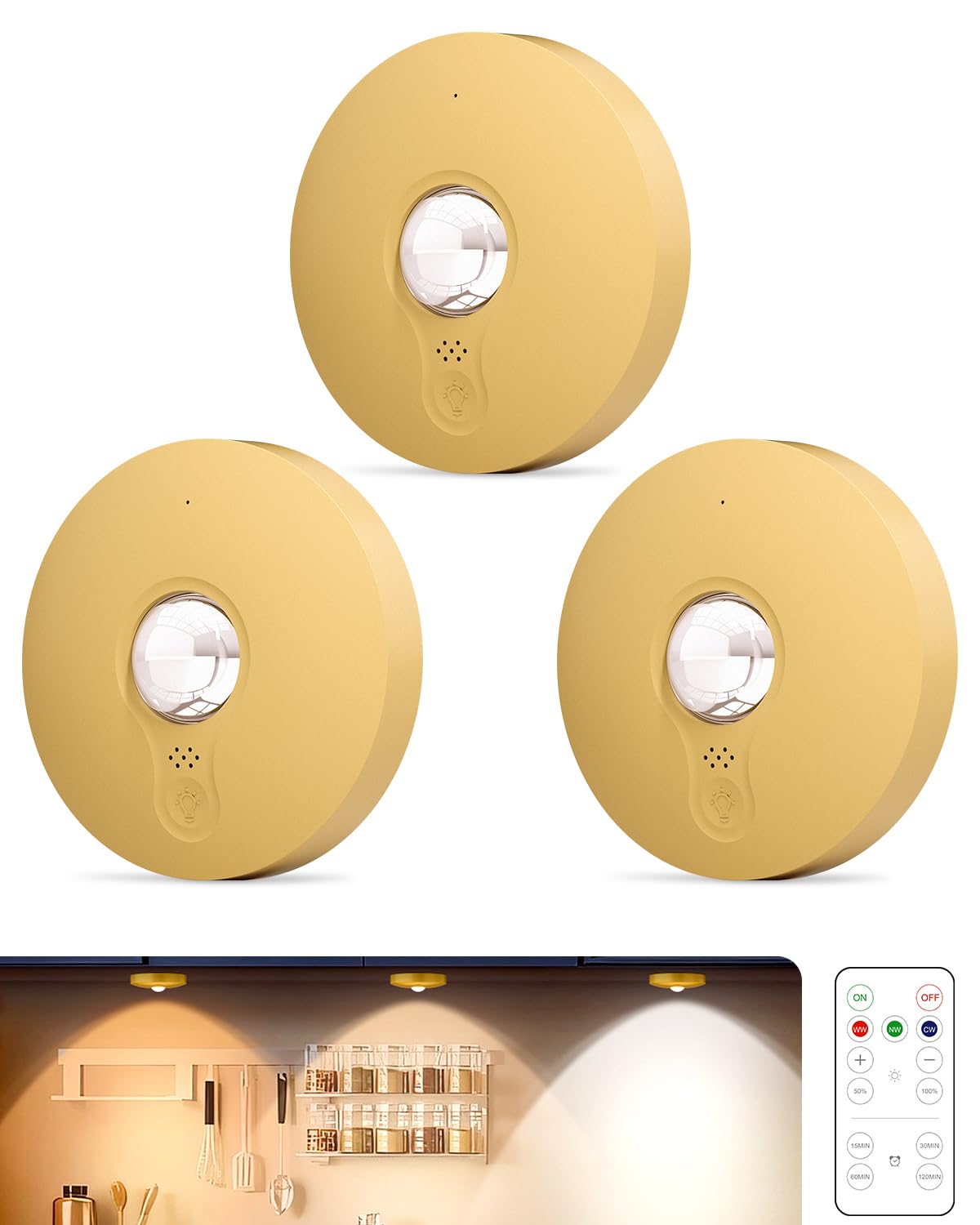 Aokpsrt Rechargeable Puck Lights With Remote Control, 1500mAh Battery Operated Tap Lights, Dimmer & Timer Under Cabinet, Wireless LED Stick-On for Closet, Bedroom, Kitchen - Gold 3Pcs