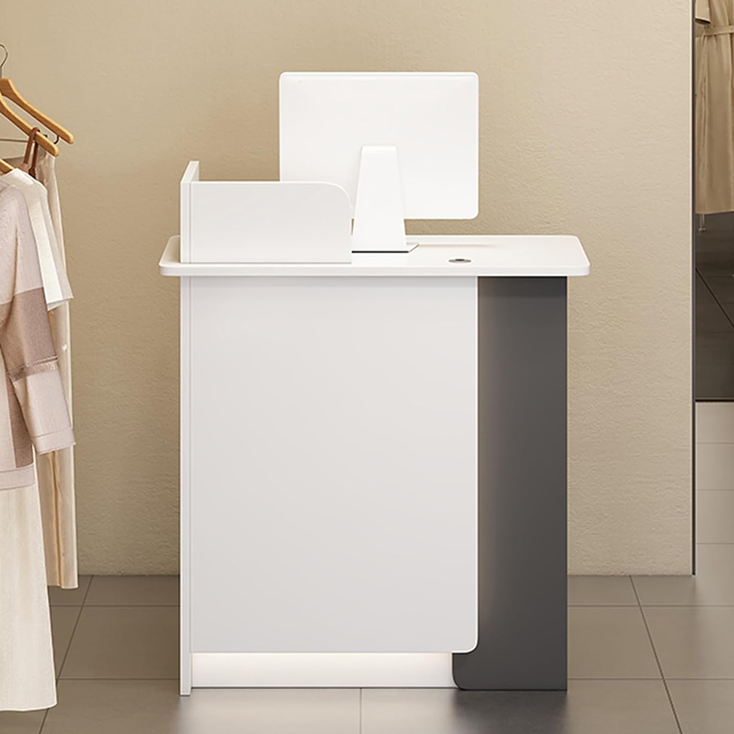 Reception Desk Counter with LED Lights,Modern Open Front Office Table with Lockable Drawer & Door Cabinet,Wooden Business Retail Checkout Counter for Reception Room,Boutique,Lobby,Clinic,Beauty Salon(
