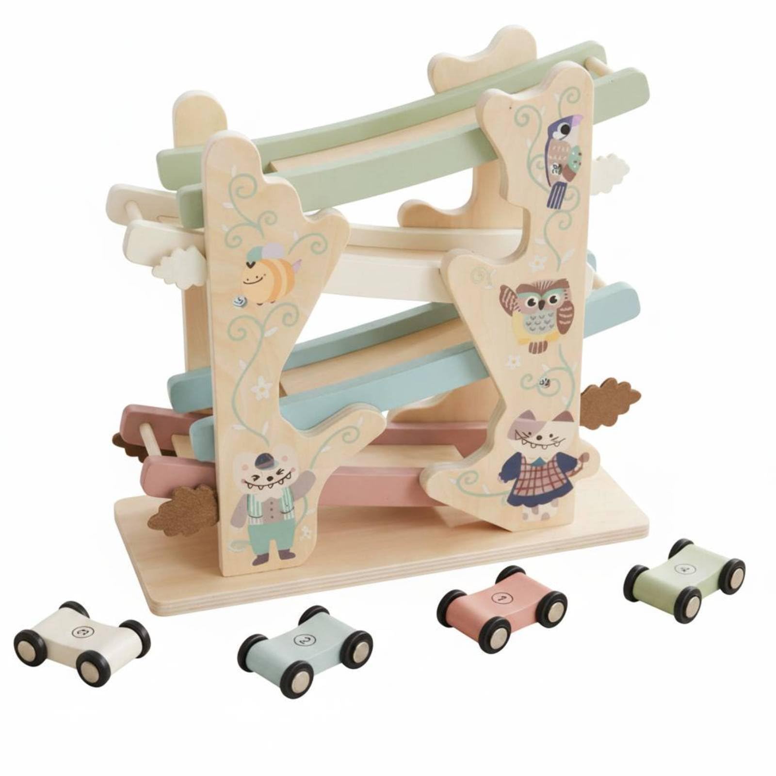 Auto Educativa Bambini Pista Rampe in Legno Giocattolo Corsa Discendente a Inerzia Scivolo Stratificato Legno Verniciato Ad Acqua con Illustrazioni