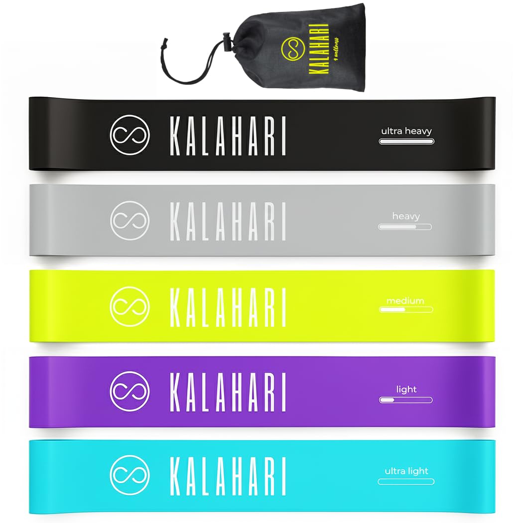 Kalahari Bande Élastique Fitness Lot de 5 avec ebook Exercices en Français et Sac - Elastique Sport Musculation avec 5 Niveaux de Force, Resistance Bands pour Etirements, Yoga, Pilates, Gym, Crossfit