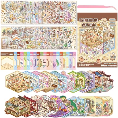kernoKost 3Dジオラマシールブック 全20種類のシーン ミニチュアモデル 立体シール30枚+背景シート20枚 かわいいピンセット付き フリップカバー式 デコレーション用 手帳装飾 ストレス解消・癒し系 大人・子供向けギフト