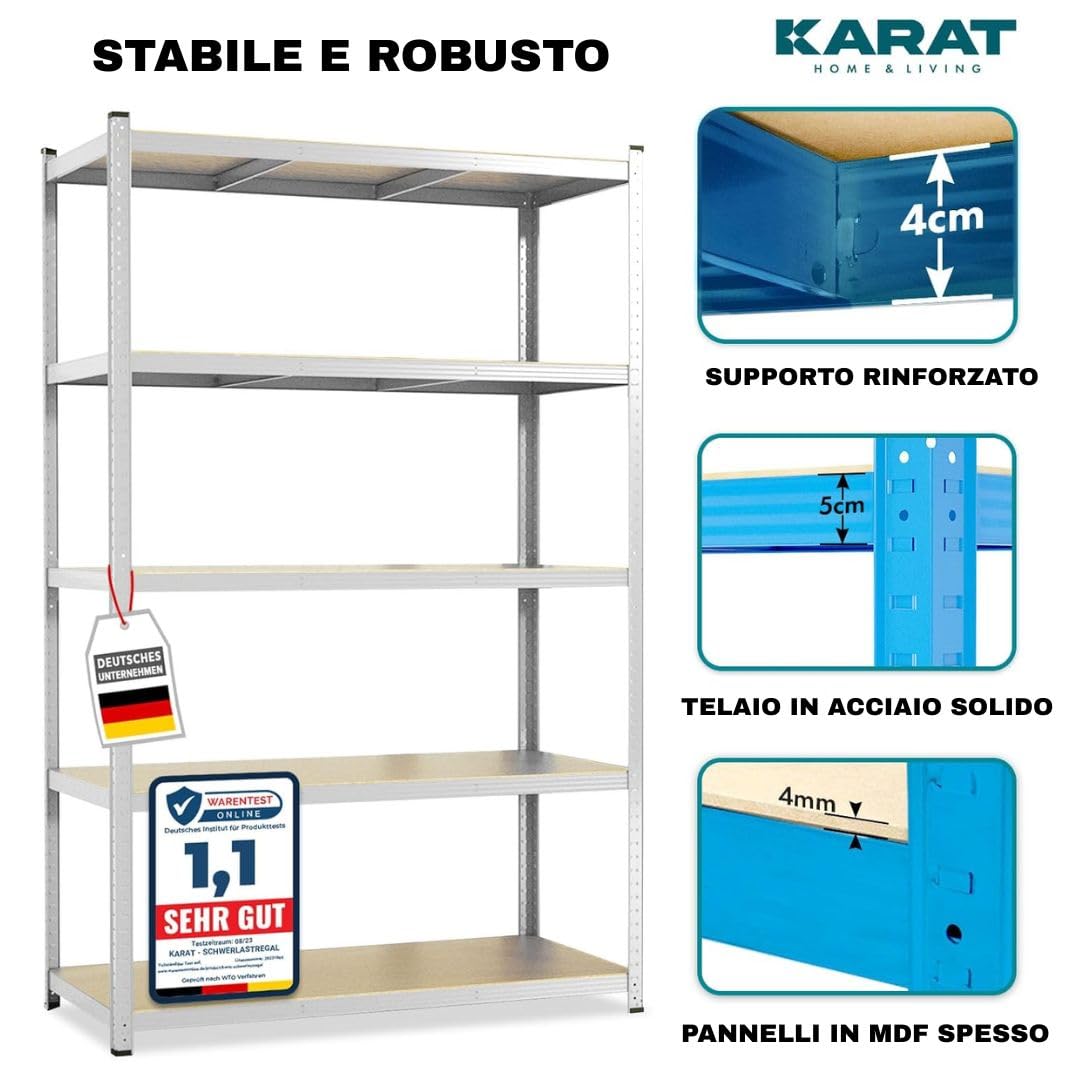 KARAT Sistema di Scaffalature per Carichi Pesanti, Scaffale Senza Bulloni in Metallo, Scaffalatura per Garage, Scaffali di Stoccaggio per Cantina e Banco da Lavoro, Capacità di Carico fino a 1500 kg