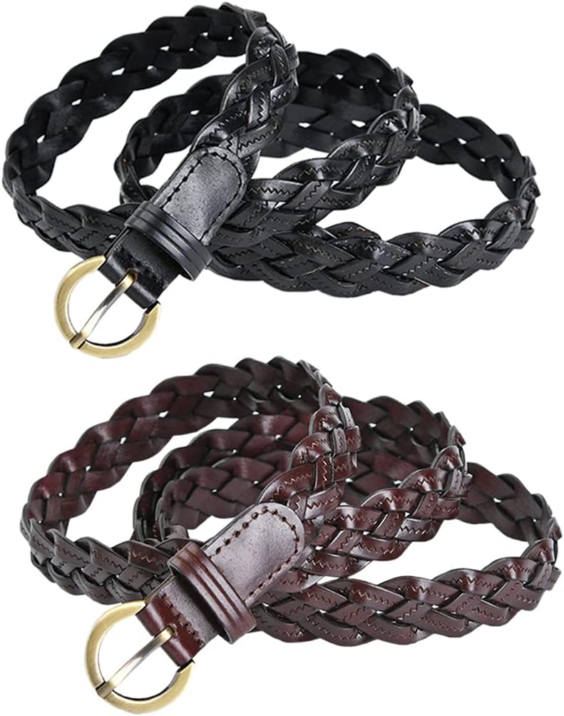 2 Pieces Braided Leather Belt for Women, 20mm Wide Vintage Dresses Waist Belt with Pin Buckle
