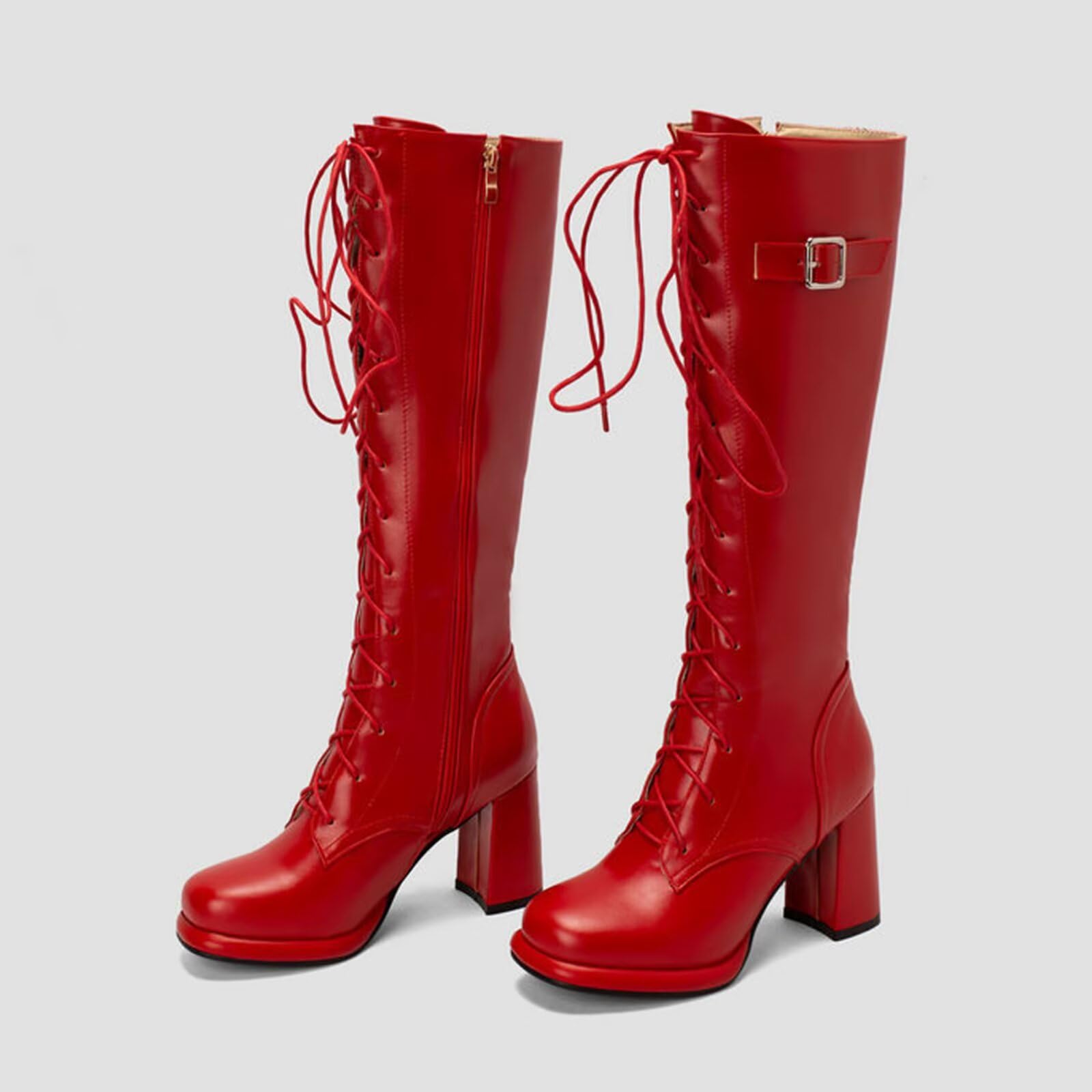 Générique Bottes Hautes à Lacets pour Femme Bottes Genoux Talon Bloc Épais Bottines Plateforme Élégant Cavalière avec Fermeture Éclair et Boucle Automne Hiver