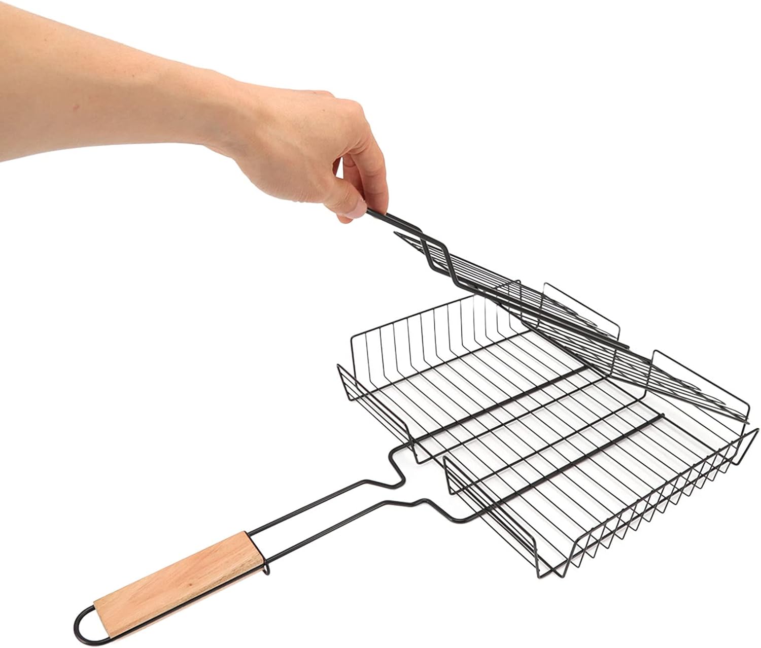 Grill Accessories, BBQ Grilling Basket Non Stick Iron with Beech Handle Fish Grill Mesh Fish Grill Mesh Rack for Outdoor Camping