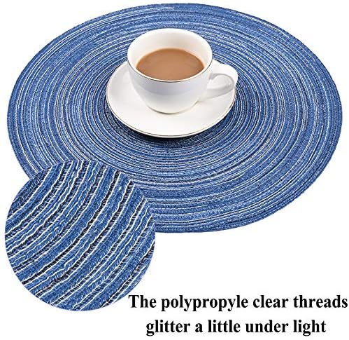 6Packs Round Placemats Cotton Heat Resistant Braided Placemats Anti-slip and Washable Table Placemats and Coaster Sets Indoor Outdoor Dinner Table,(6Placemats+6Coasters,Blue)