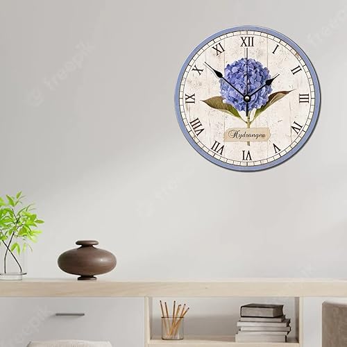 Miniatura 5 de Reloj de madera retro morado hortensia números romanos de 10 pulgadas, reloj de pared de madera silencioso sin tictac funciona con pilas, reloj de
