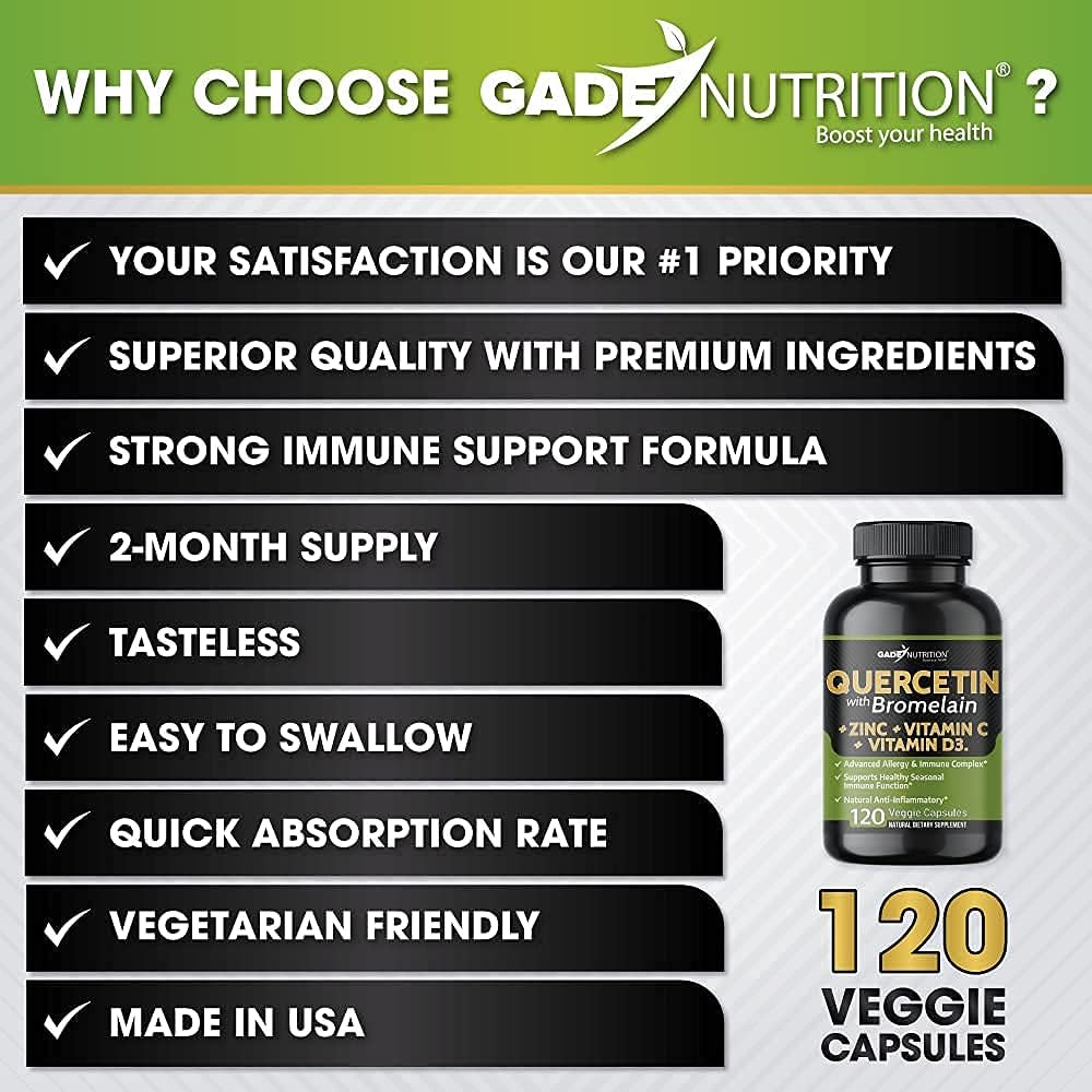 Quercetin with Vitamin C and Zinc - Quercetin 500mg - Quercetin with Bromelain - Zinc Quercetin - 120 Veggie Caps. Quercetin Supplements + Vitamin D3 (Non-GMO, Gluten-Free, Vegan) 2 Month Supply : Health & Household