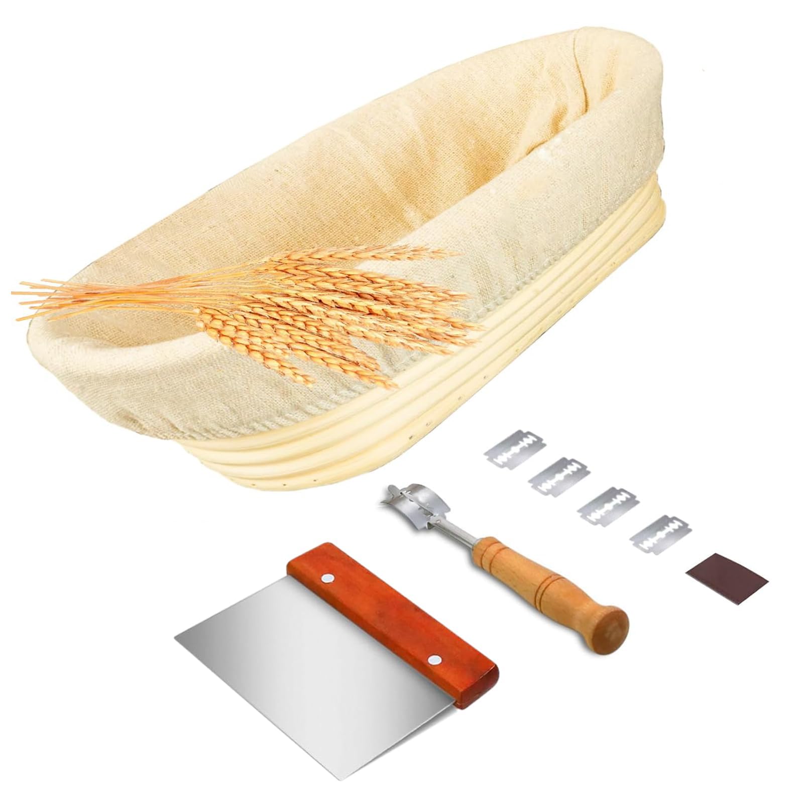 Kosz zabezpieczający 28 cm, owalny, naturalny rattanowy, do sprawdzania chleba, wkładka z tkaniny, torba do przechowywania, skrobak do ciasta