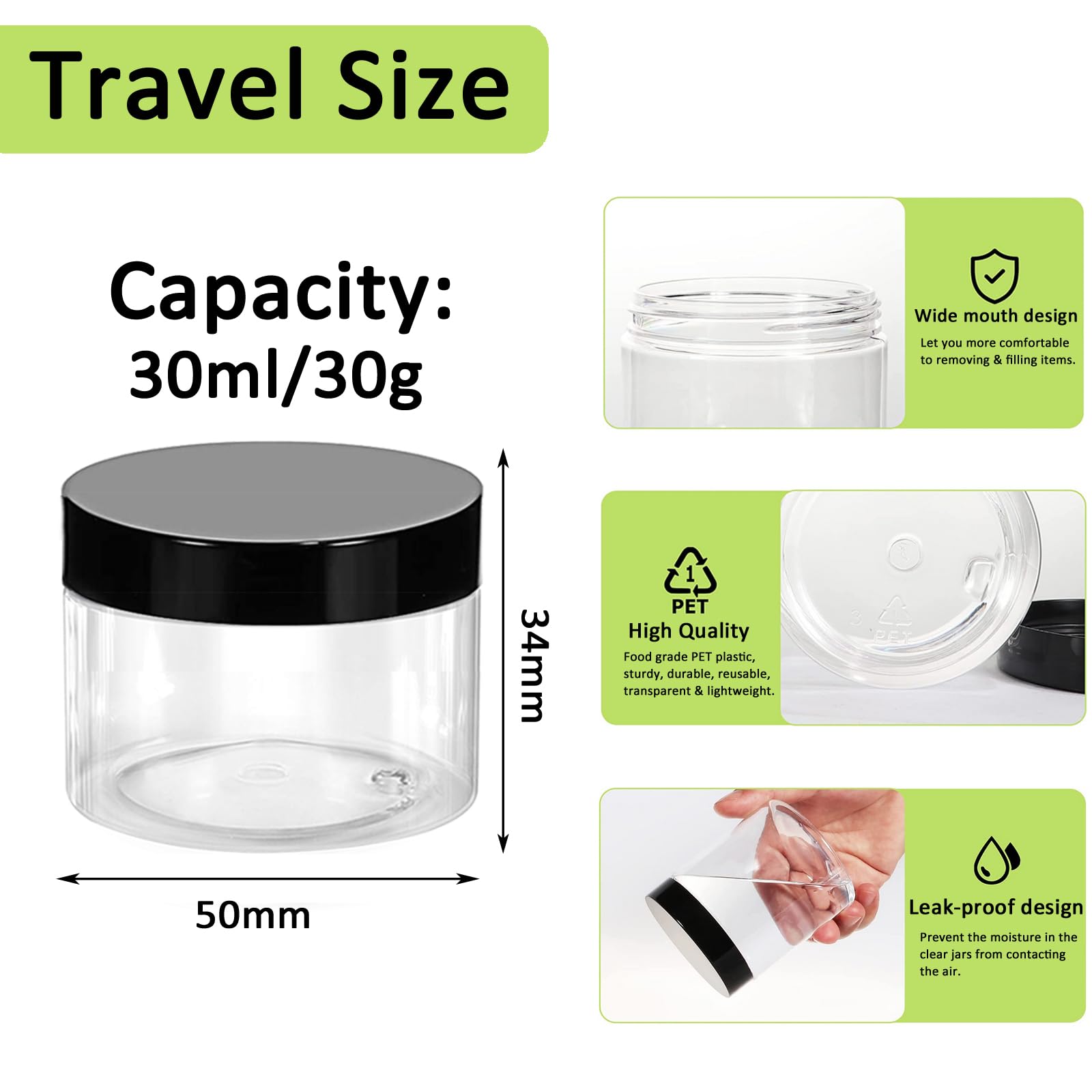 12Pcs, 30ml/30g Empty Plastic Cosmetic Jars With Black Lids & Inner Liners - Image 2