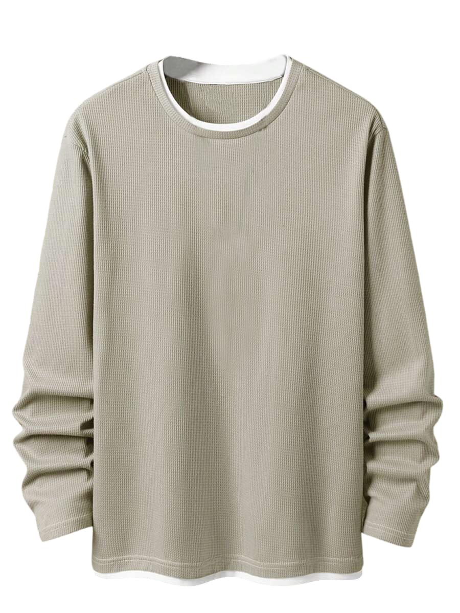 tagas Men’s Casual Long Sleeve Waffle Knit T-Shirt – Soft Breathable Crewneck Top with Layered Hem & Contrast Collar-picture-33
