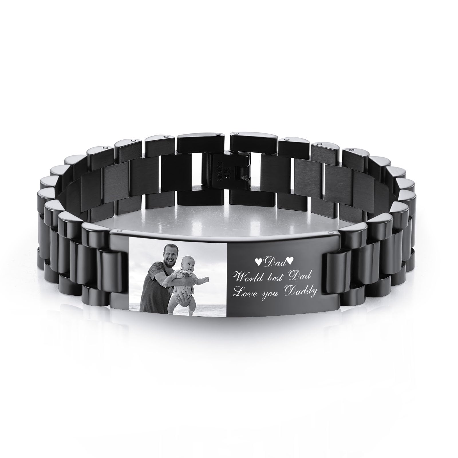 INBLUE Pulsera Personalizada para Papá Hombres - Grabado Nombres Texto Foto Hombres Pulsera de Enlace Regalo de Cumpleaños Aniversario Padre Esposo Abuelo Hijo Novio
