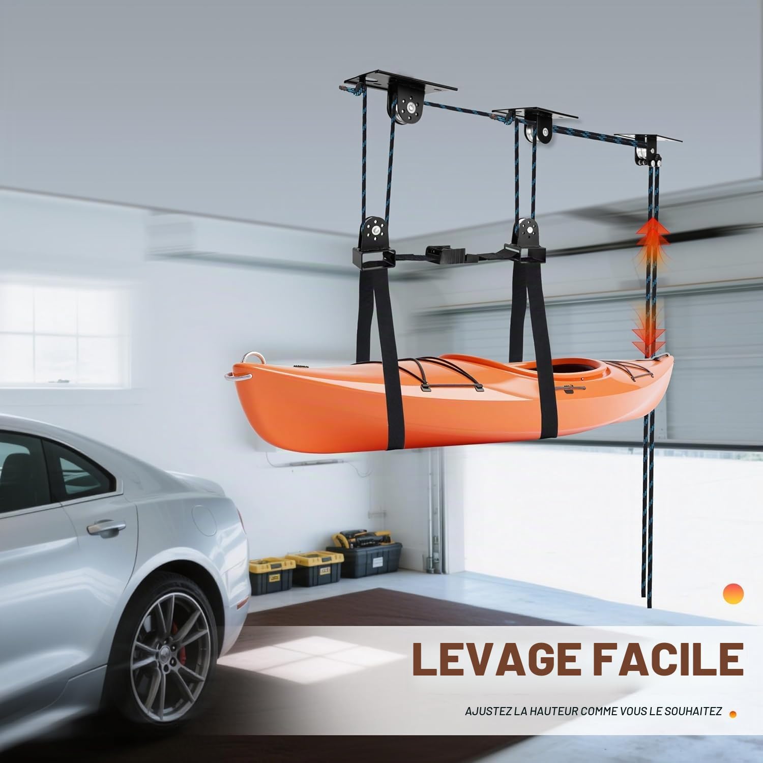 Hikeen Système de Stockage Kayak Plafond: Système de Poulie de Levage pour Kayak Palan Manuel pour Rangement de Kayak avec Capacité de 68KG, Rangement Plafond Garage comme Support Velo Plafond