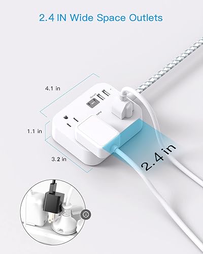 Miniatura 5 de Cruise Ship Essentials, tira de alimentación de viaje, cable de extensión de enchufe plano delgado de 5 pies con 3 tomas, 4 puertos USB (2 USB C),