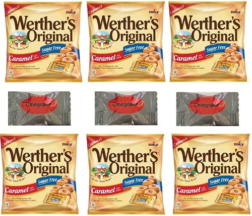 Werther's Original Sugar-Free Caramel Hard Candy Individually Wrapped with Omegapak Starlight Mints, Sugarless Fresh Keto Hard Candy, Bundle of 6 Bags, 1.46 Oz. Each