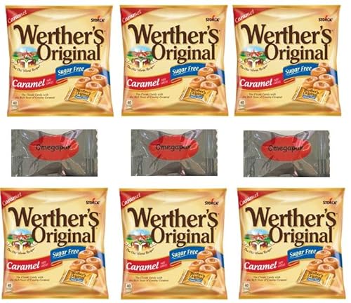 Werther's Original Sugar-Free Caramel Hard Candy Individually Wrapped With Omegapak Starlight Mints, Sugarless Fresh Keto Hard Candy, Bundle Of 6 Bags, 1.46 Oz. Each #TOP5