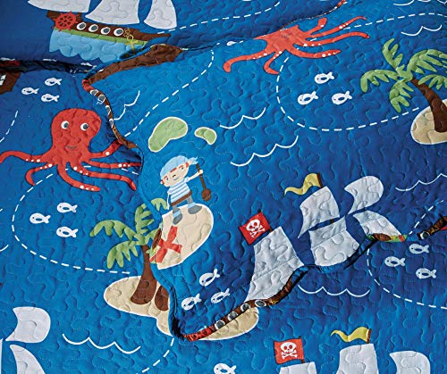 Kids Zone Home Linen 3 Piece Full Quilted Bedspread Set Pirate Ocean Ships Whales Octopus Fishes Palm Trees Blue Red White Brown Green New #TOP1