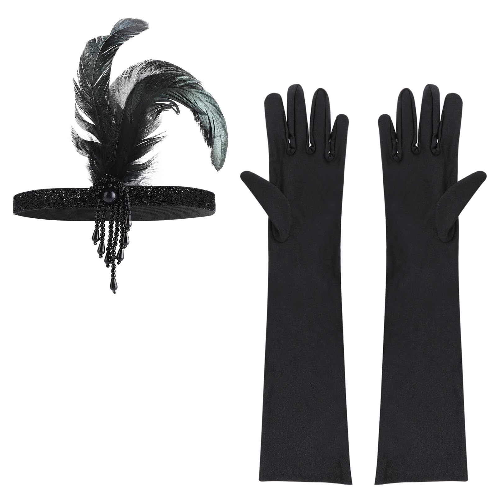 Gjinxi Kobiety lata 20. Flapper Feather opaska na głowę zestaw rękawiczek maskarada motyw Gatsby nakrycie głowy długie rękawiczki na Halloween, przyjęcie herbaciane, karnawał, kostium do włosów