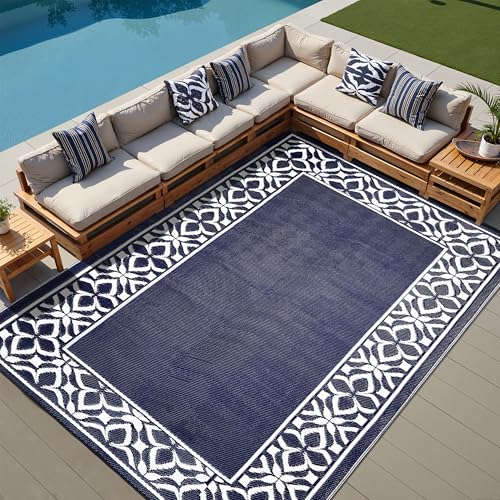 Image of PureCozy Outdoor Plastic Straw Rug Navy Blue Large Outside Waterproof Outdoor Patio 8x10 Carpet Geometric Reversible Mat Modern for Camping RV Porch Deck Balcony Beach
