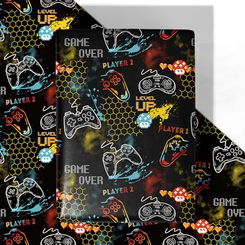 WRAPLULU Black Gaming Wrapping Paper - 4 Jumbo Sheets, 28