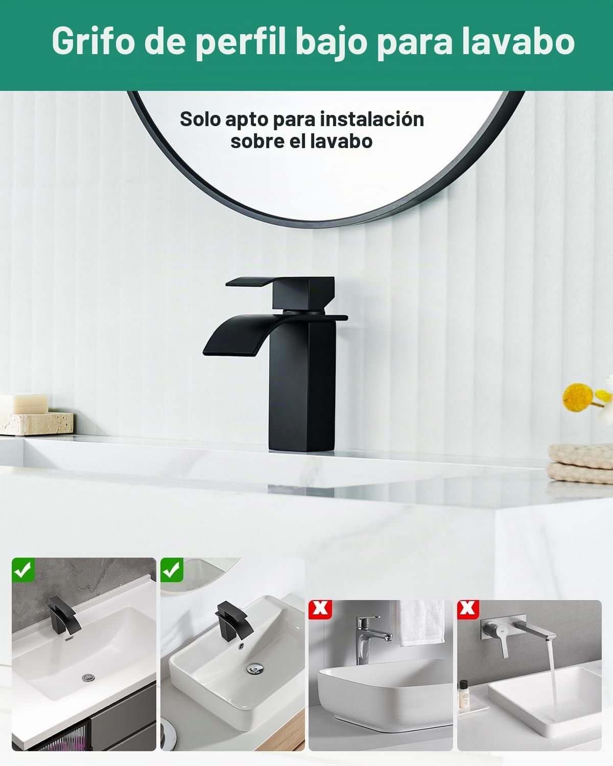 ANYCEE Grifo Lavabo Negro con Caño Cascada, Grifo Monomando Lavabo con Caño Altura de 8,5cm, Grifo Baño Cascada Negro con Agua Caliente y Fría