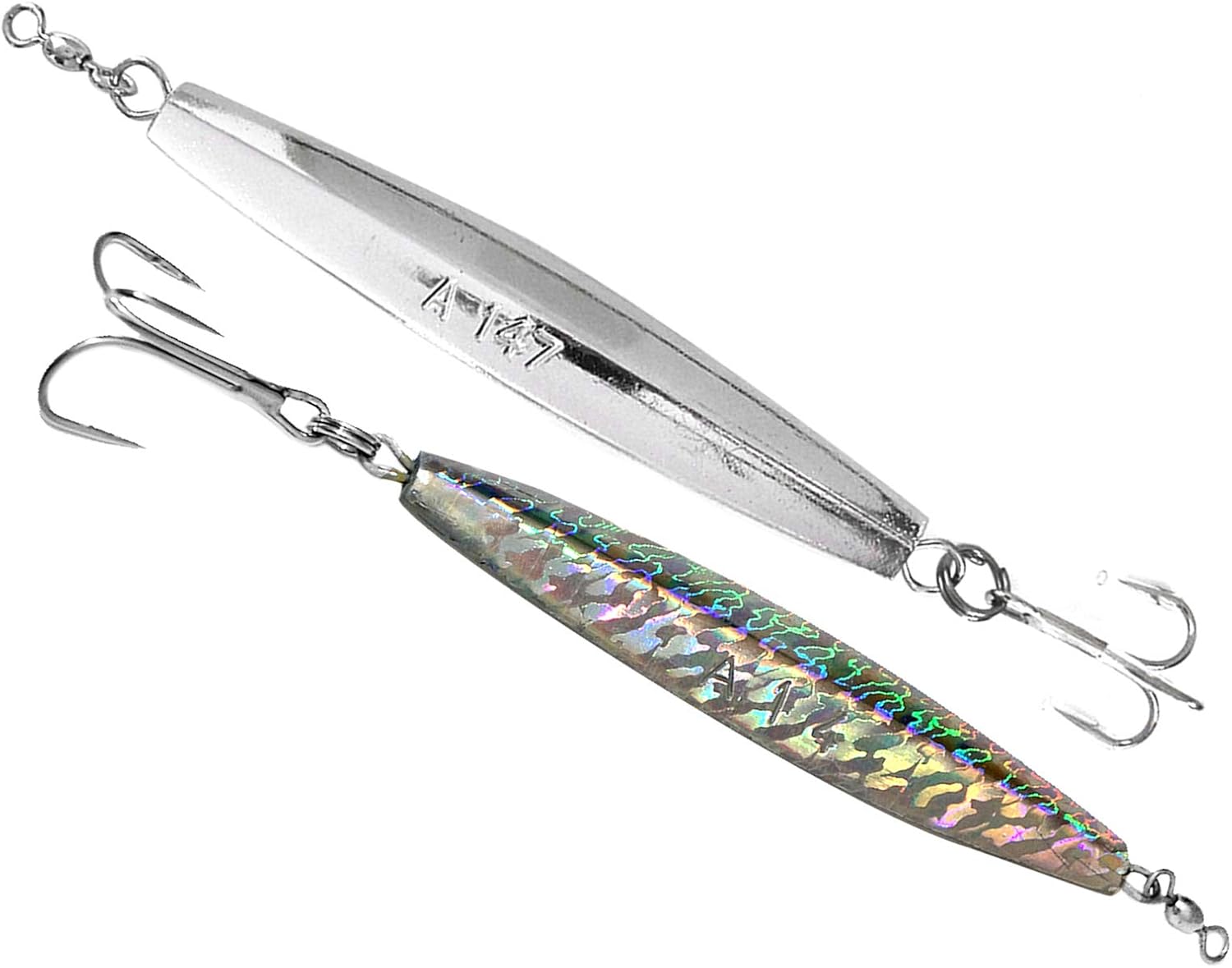 2pcs Fish WOW!® 14oz Diamond Jigs Chrome Silver jig + Mylar Holographic Laser Fishing jigs with a Treble Hook, Nickel Finish Saltwater