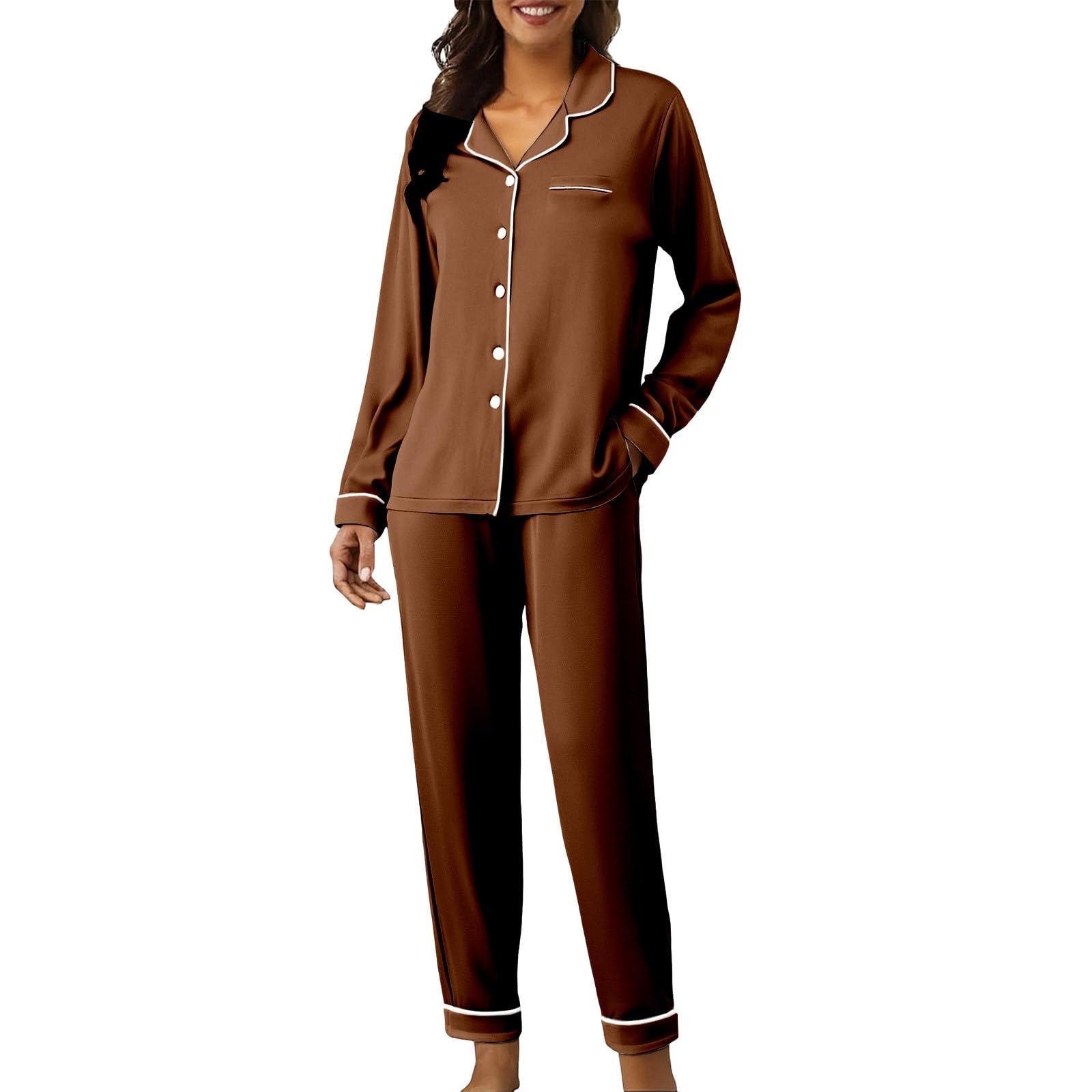 Generisch Pijama de mujer de satén, largo de manga larga, juego de pijama con tira de botones, camiseta de dormir y pantalones de pijama, 2 piezas, traje de casa con cuello de pico, conjuntos de dos